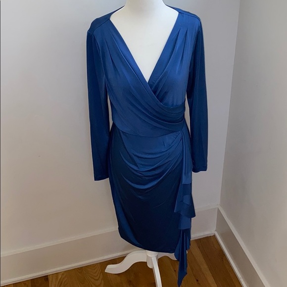 NWOT Eliza J Long Sleeve Faux Wrap Knit Dress Blue - Picture 5 of 9